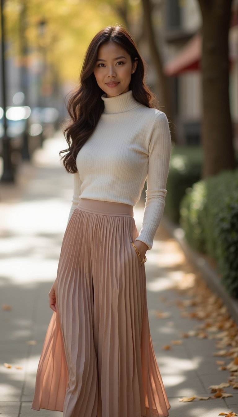 Blusa De Gola Alta Com Saia Plissada Elegante