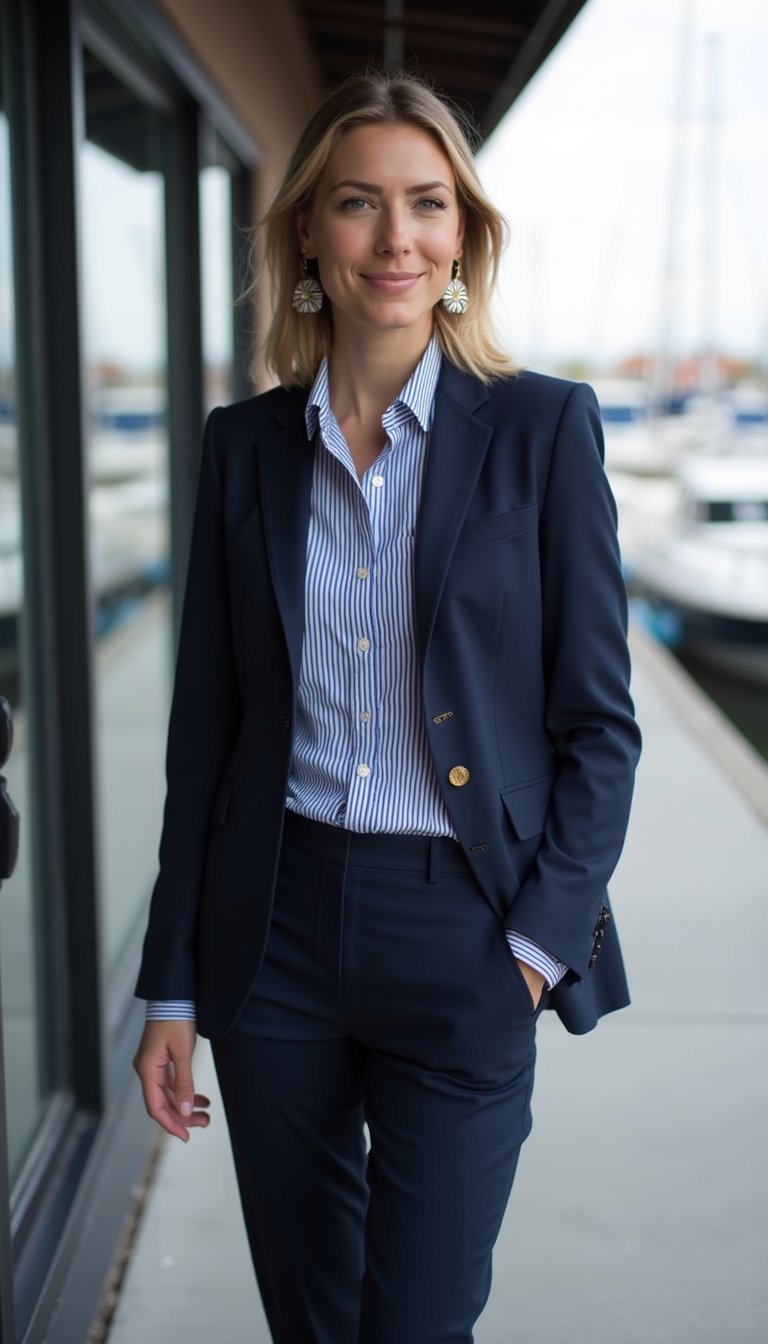 Camisa Listrada Com Blazer Azul-marinho Refinado