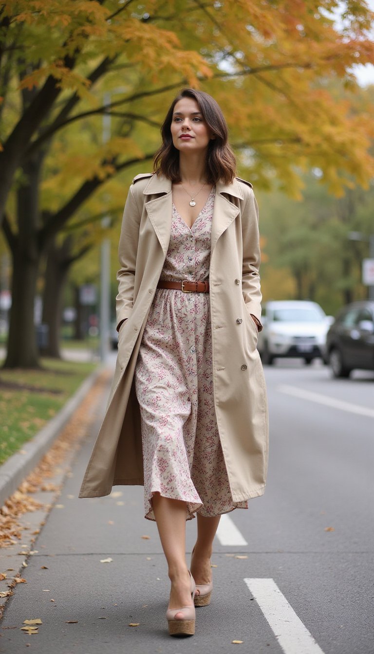 Casaco Trench Com Vestido Midi Floral Discreto
