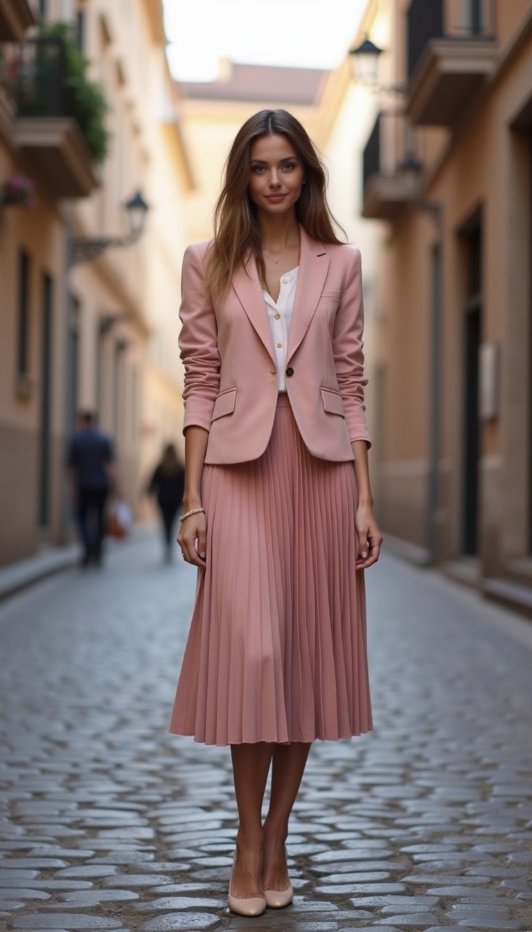 Blazer Cropped Com Saia Midi Plissada Romântica