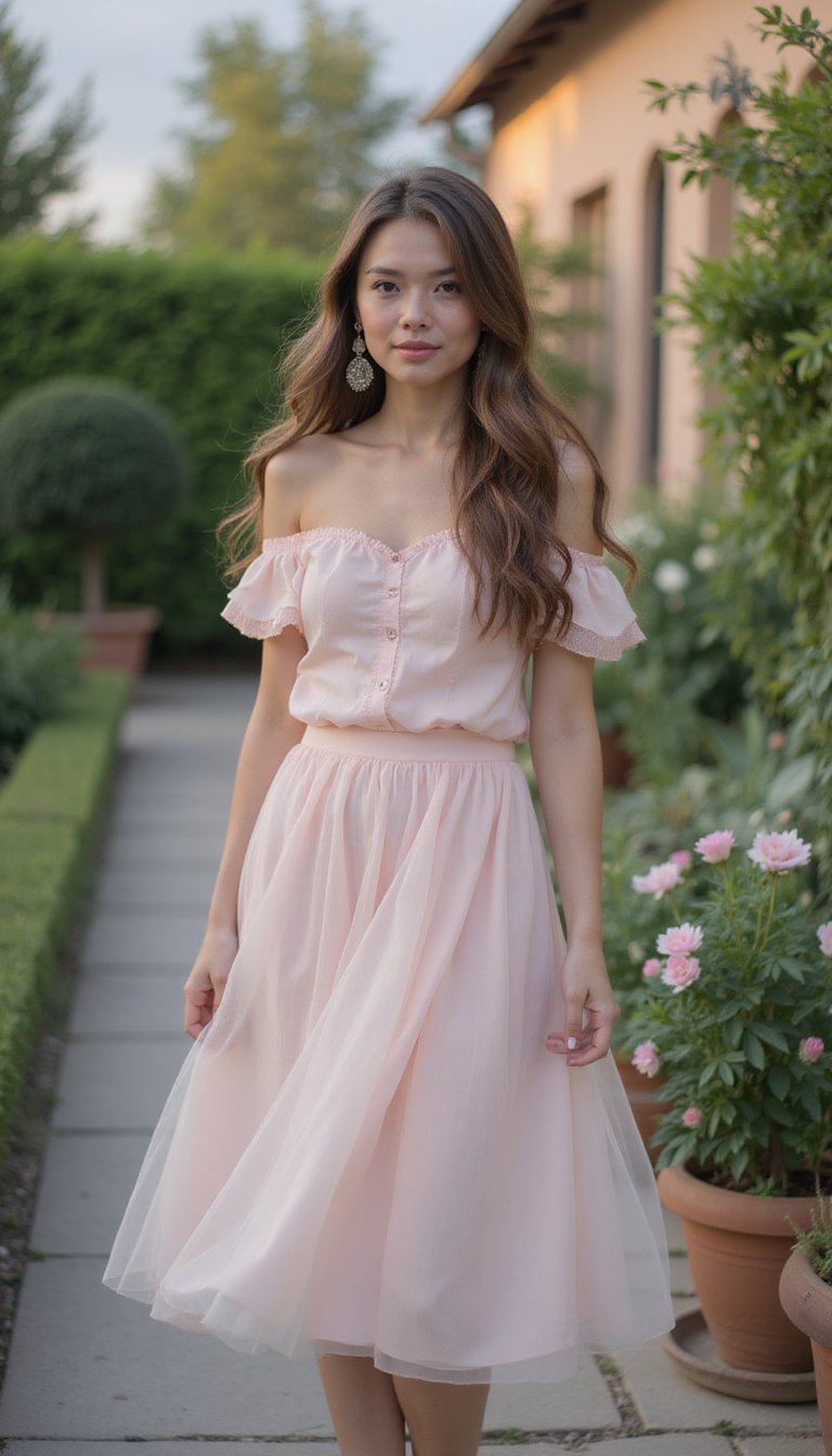 Blusa Off Shoulder Com Saia Evasê Em Tule