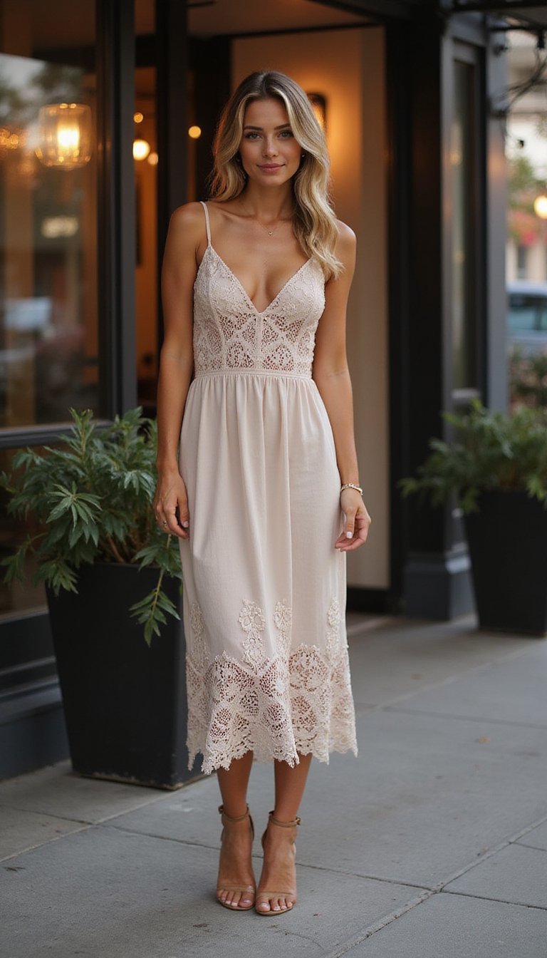 Slip Midi Em Renda Com Forro Tonal Delicado