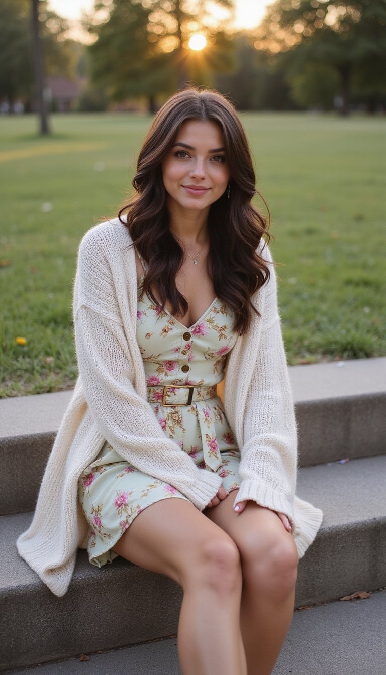 Cardigã Oversized Sobre Vestido Curto Floral