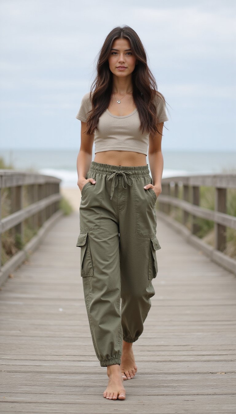 Calças Cargo Leves e Top Curto Casual