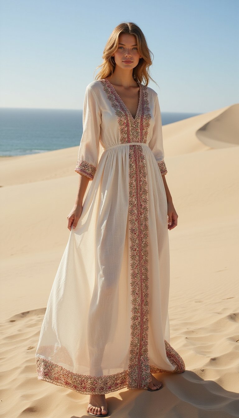 Saída Kaftan Longa com Bordados Coloridos