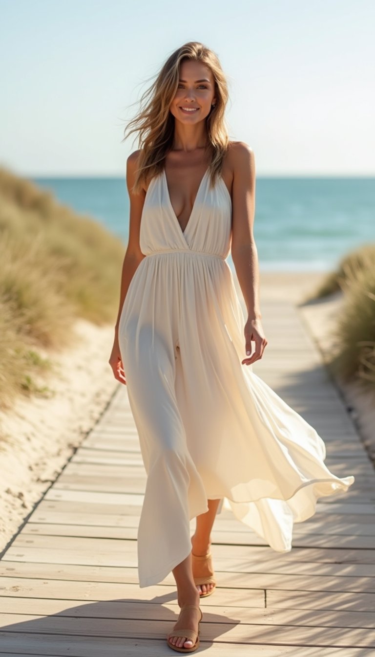 Vestido Longo Fluido e Sandálias Rasteiras