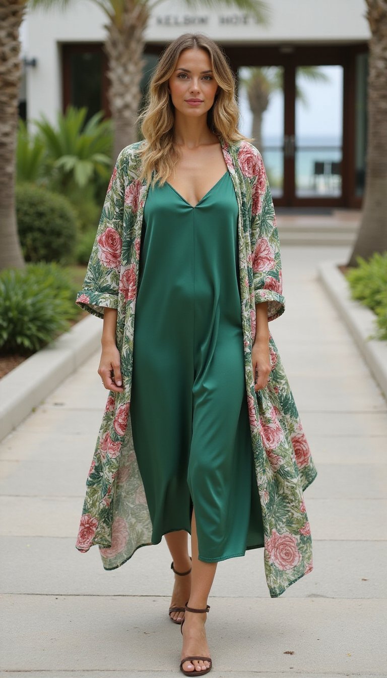 Slip Dress De Seda Con Kimono Fluido