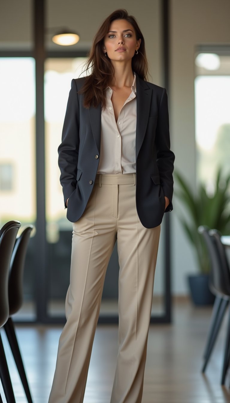 Blazer Ajustado Com Calça Alfaiataria Neutra