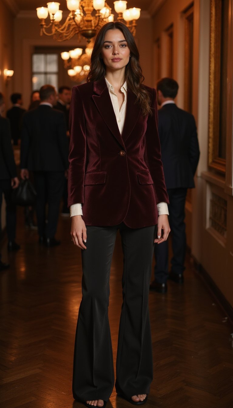 Blazer De Veludo Com Calça Flare Para Noite