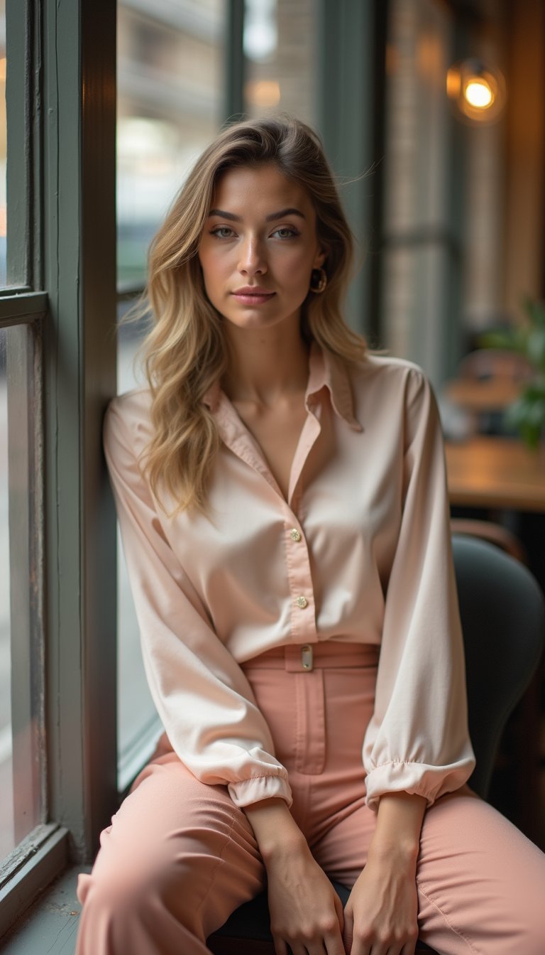 Camisa De Seda Com Calça Pantalona Fluida