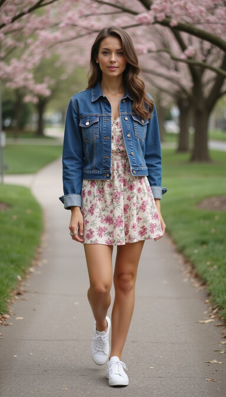 Jaqueta Jeans Curta Com Vestido Floral Mini