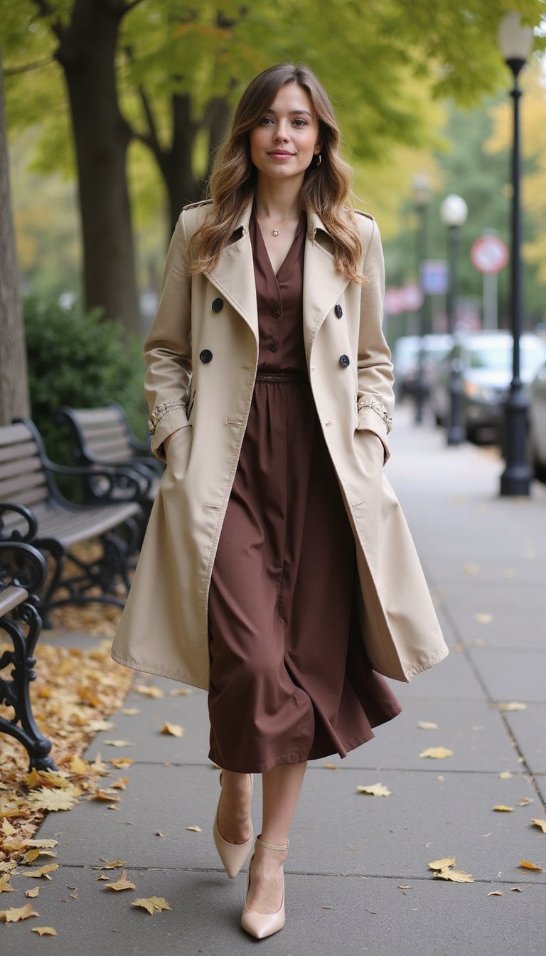 Trench Coat Curto Sobre Vestido Fluido Casual