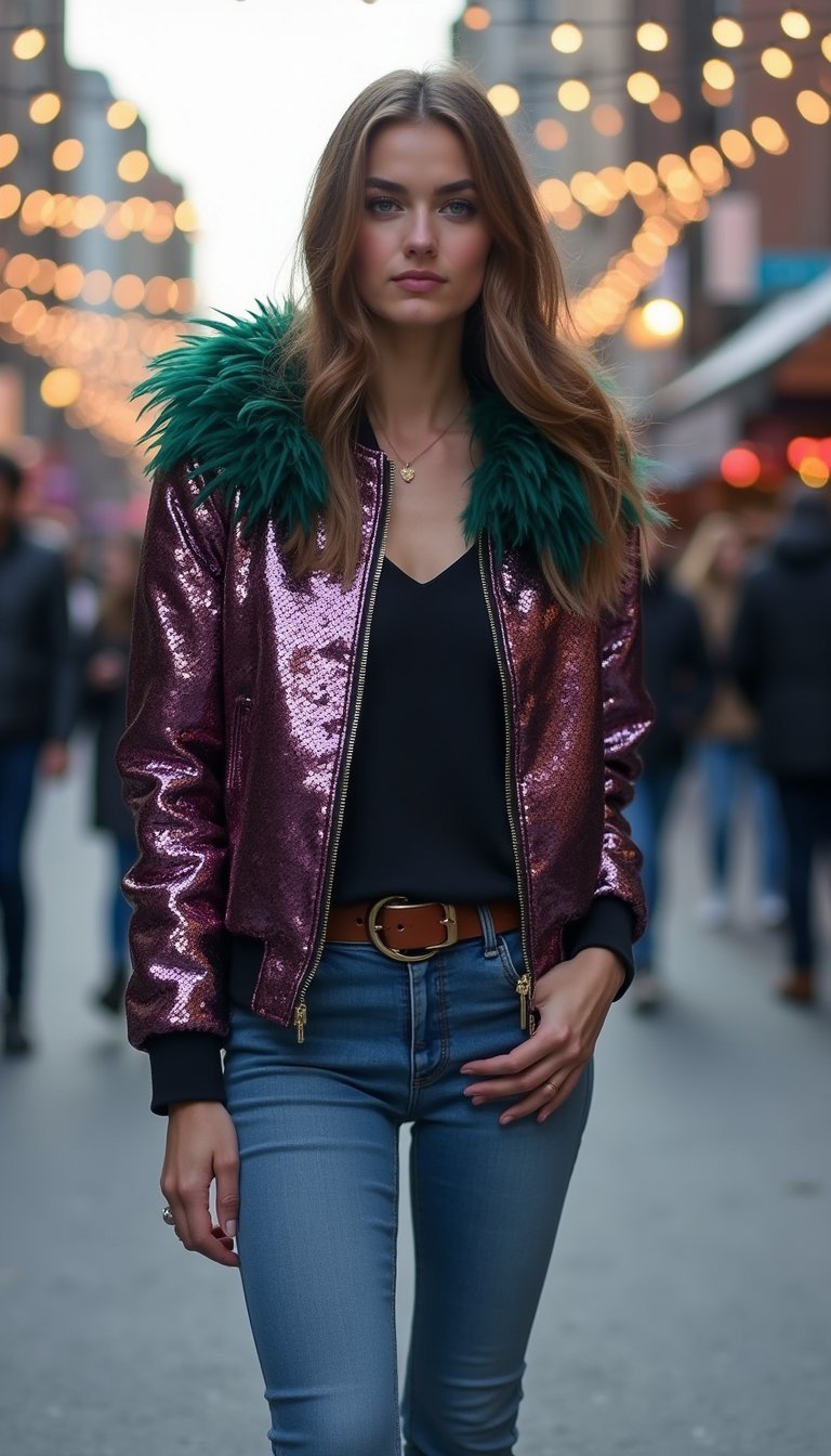 Sequin Bomber Jacket With Feather Collar