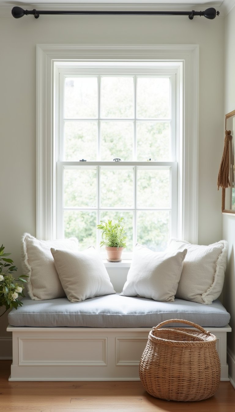 Light Linen Window Seat With Throw Cushions