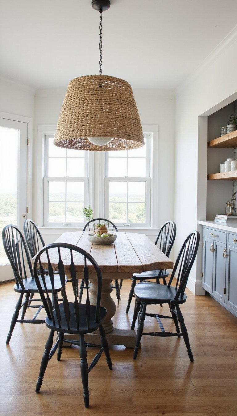 Rope Wrapped Pendant Lighting Over Dining