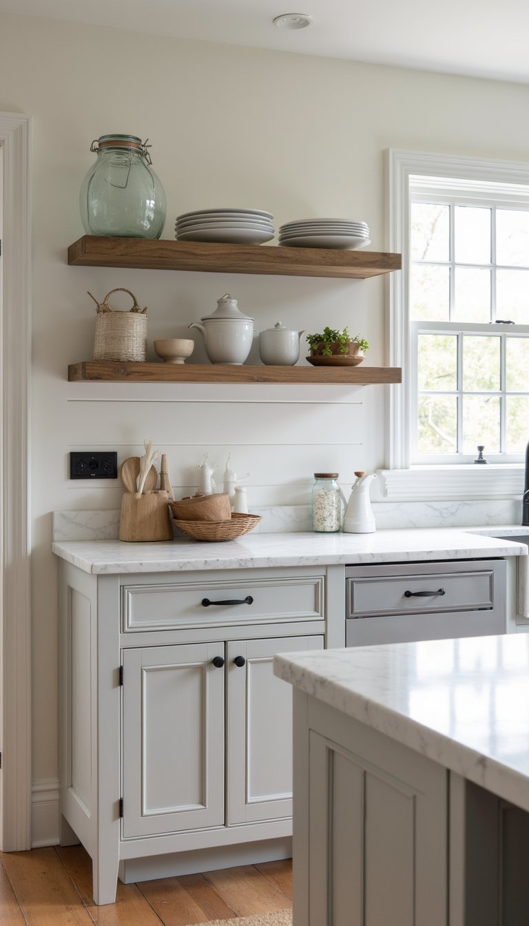 Weathered Wash Painted Cabinets And Open Shelves