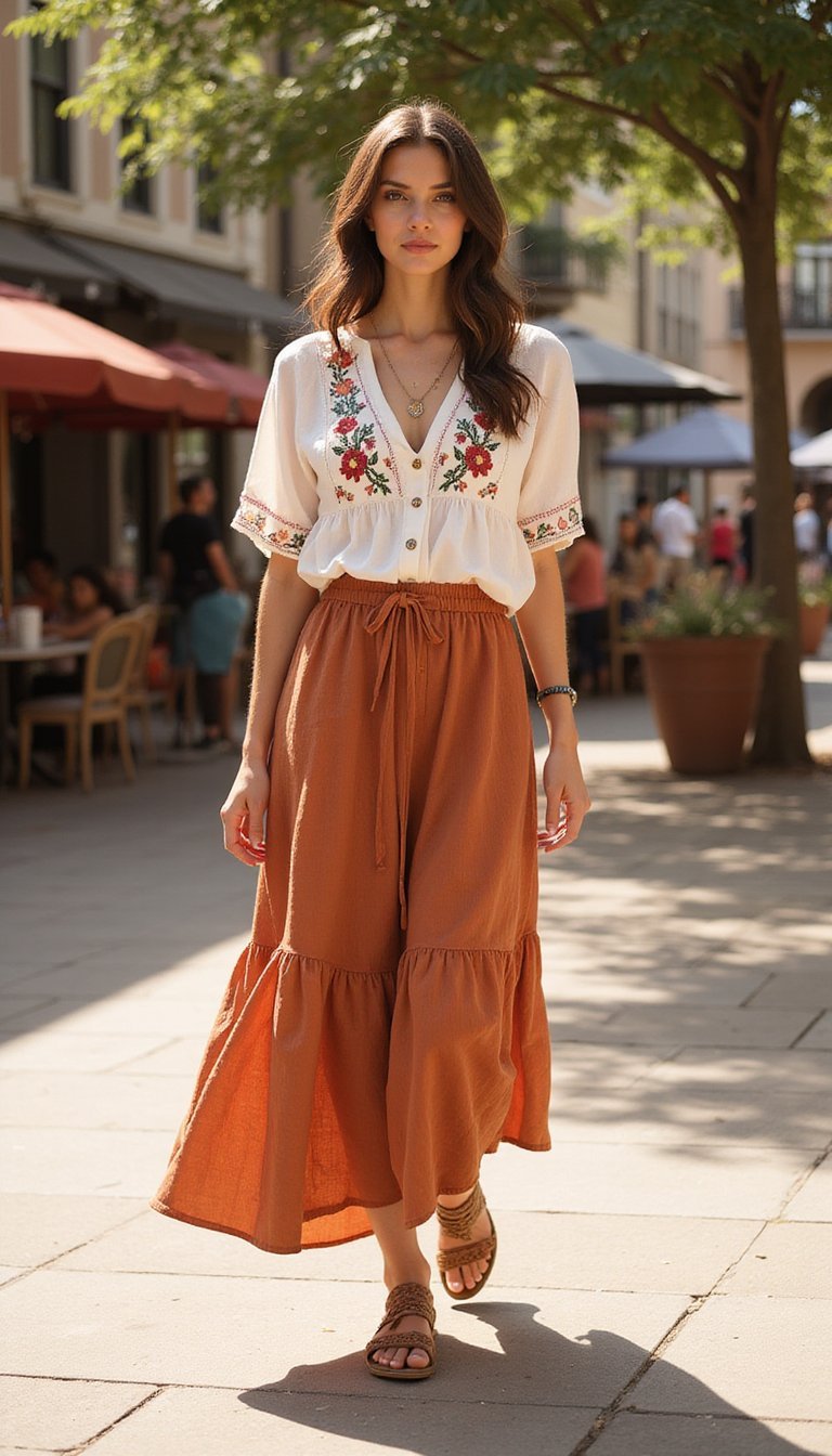 Conjunto Bohemio Midi Con Blusa Bordada Y Sandalias