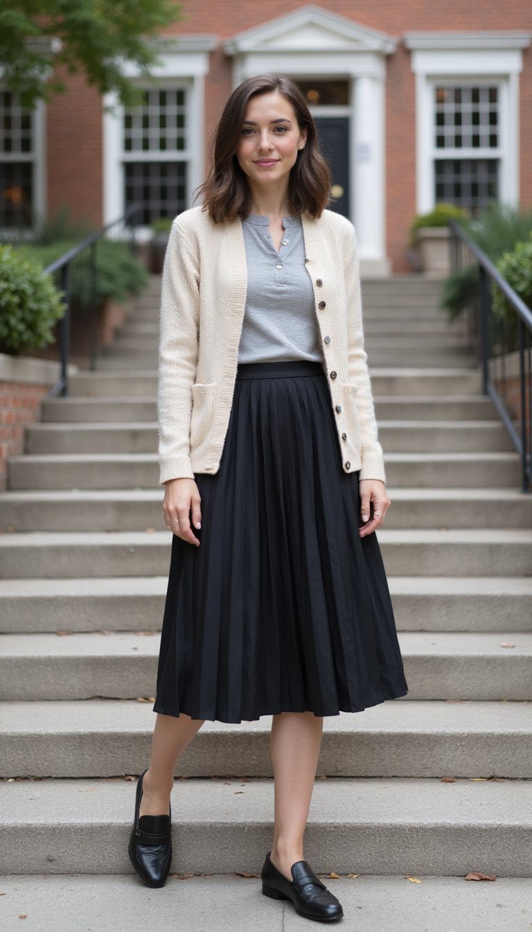 Estilo Preppy Con Falda Midi Plisada Y Mocasines
