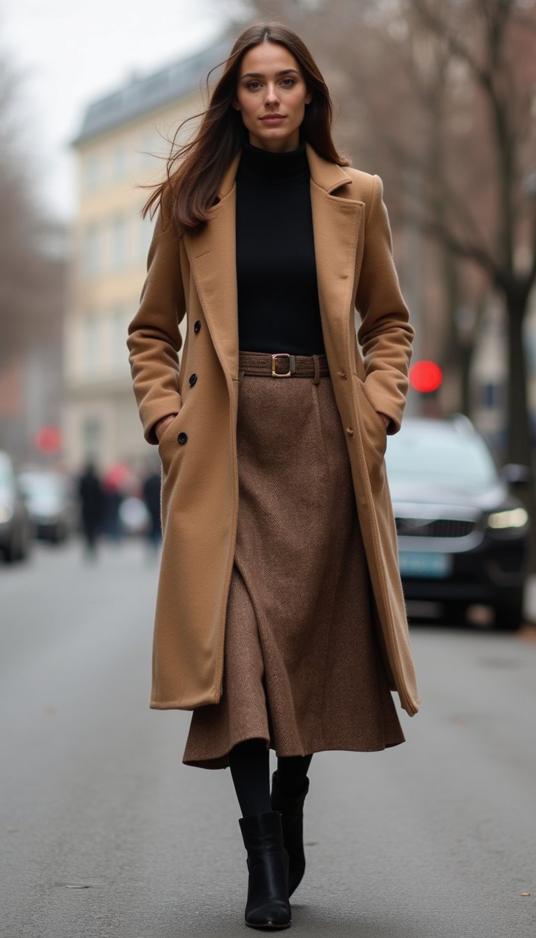 Falda Midi De Lana Con Cuello Alto Y Abrigo Largo