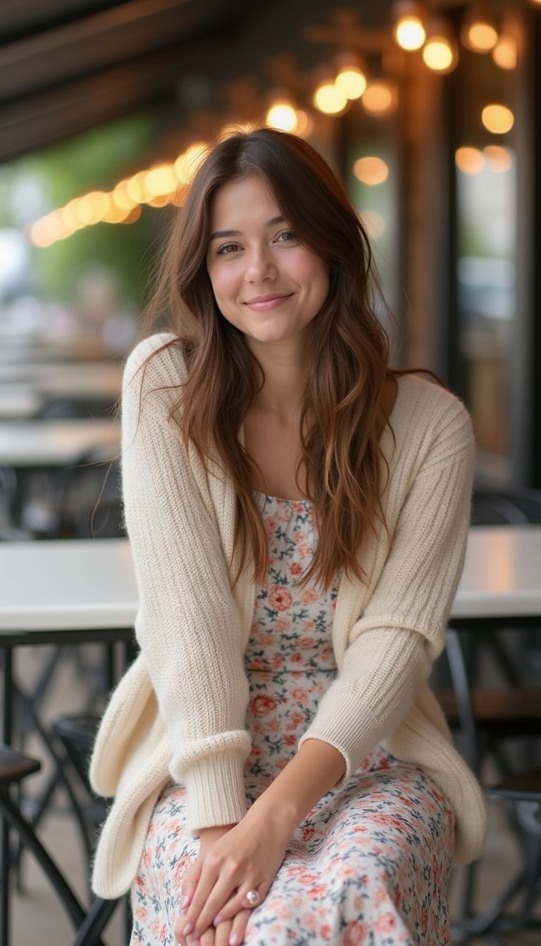 Falda Midi Floral Ligera Con Cárdigan De Algodón