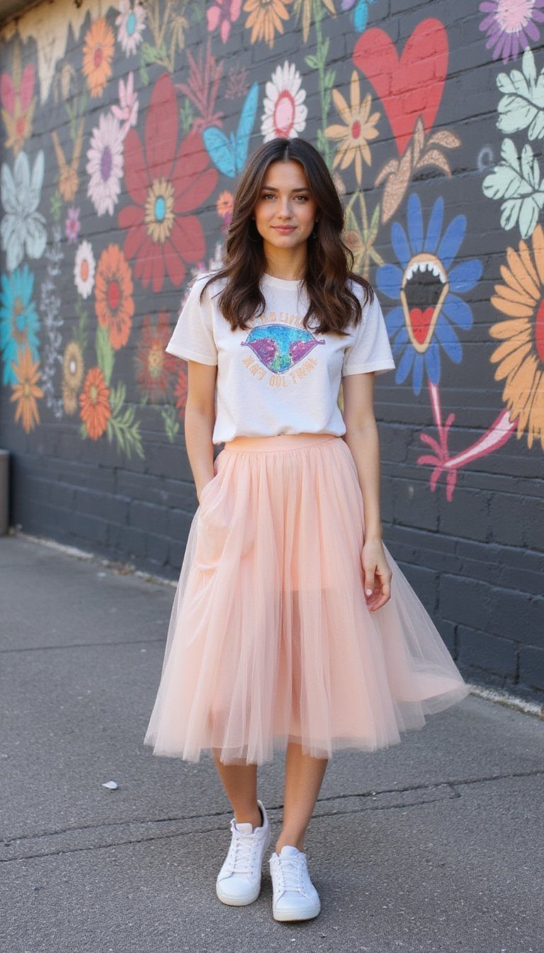 Falda Midi Tul Con Camiseta Gráfica Y Zapatillas
