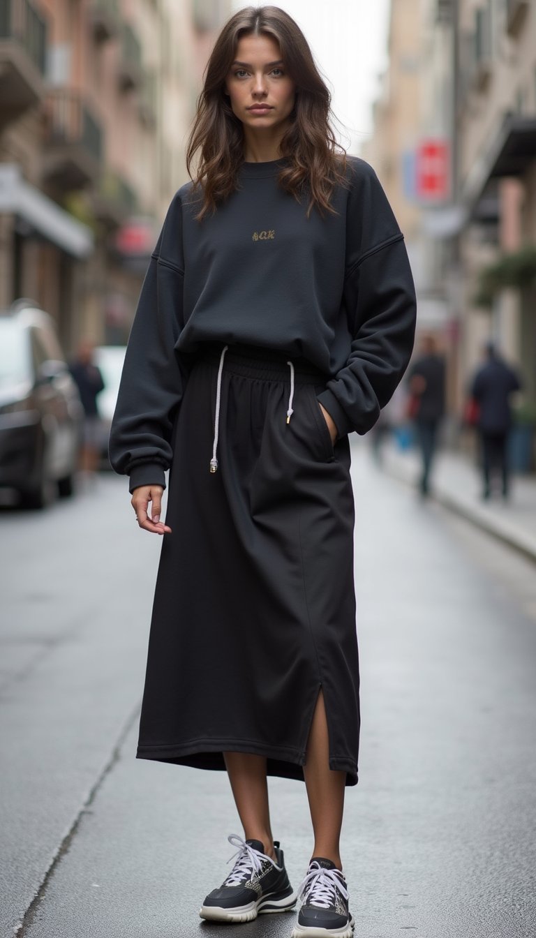 Look Sporty Chic Con Falda Midi Y Sudadera Oversize