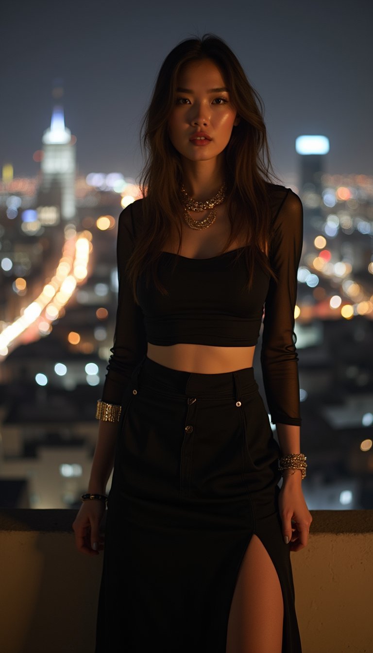 Look Total Black Con Falda Midi Y Accesorios Dorados