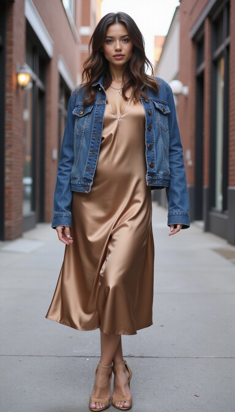 Vestido Midi Satén Con Chaqueta Vaquera Y Tacones