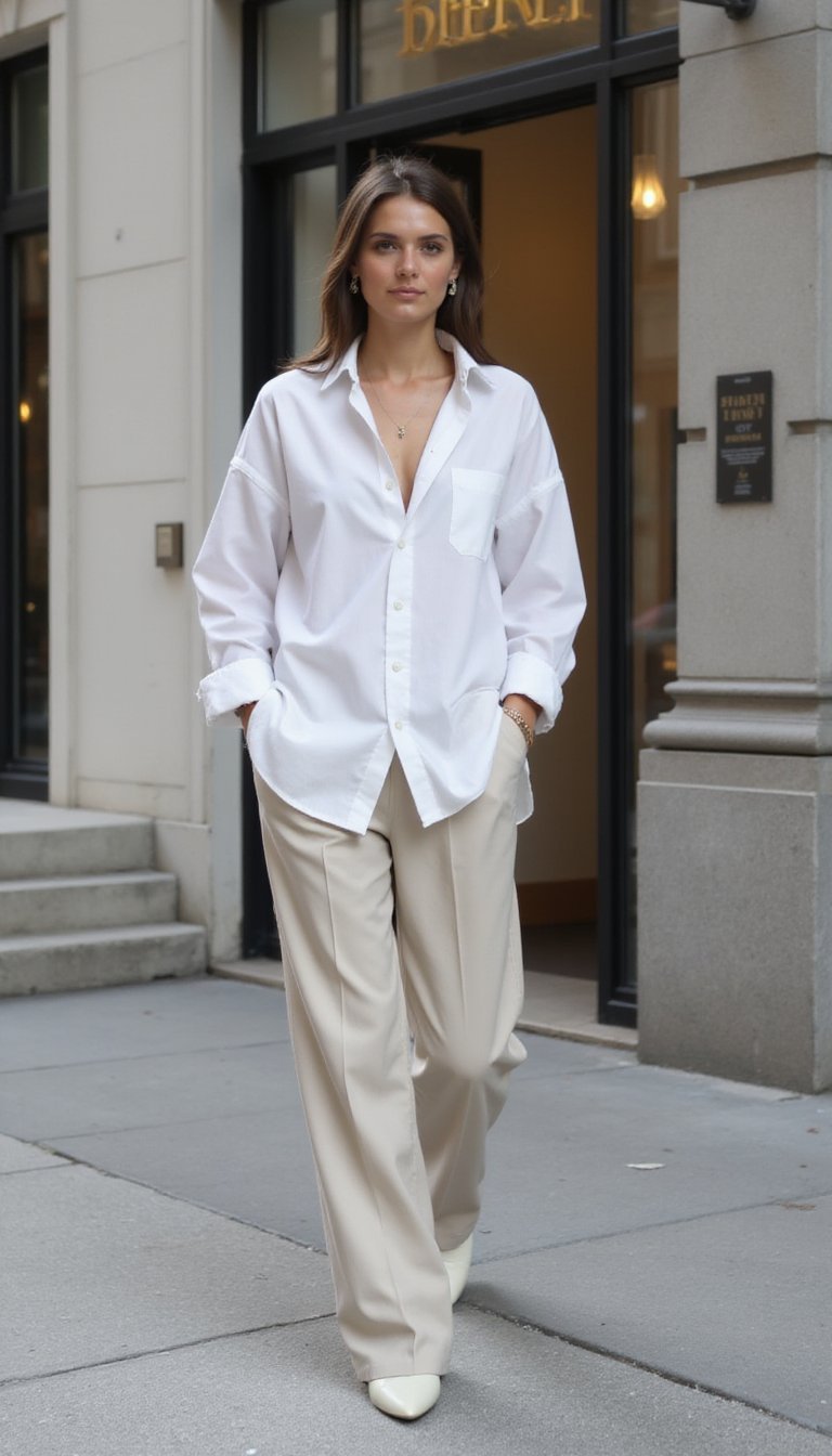 Camisa Blanca Oversize Con Pantalón Recto Neutro