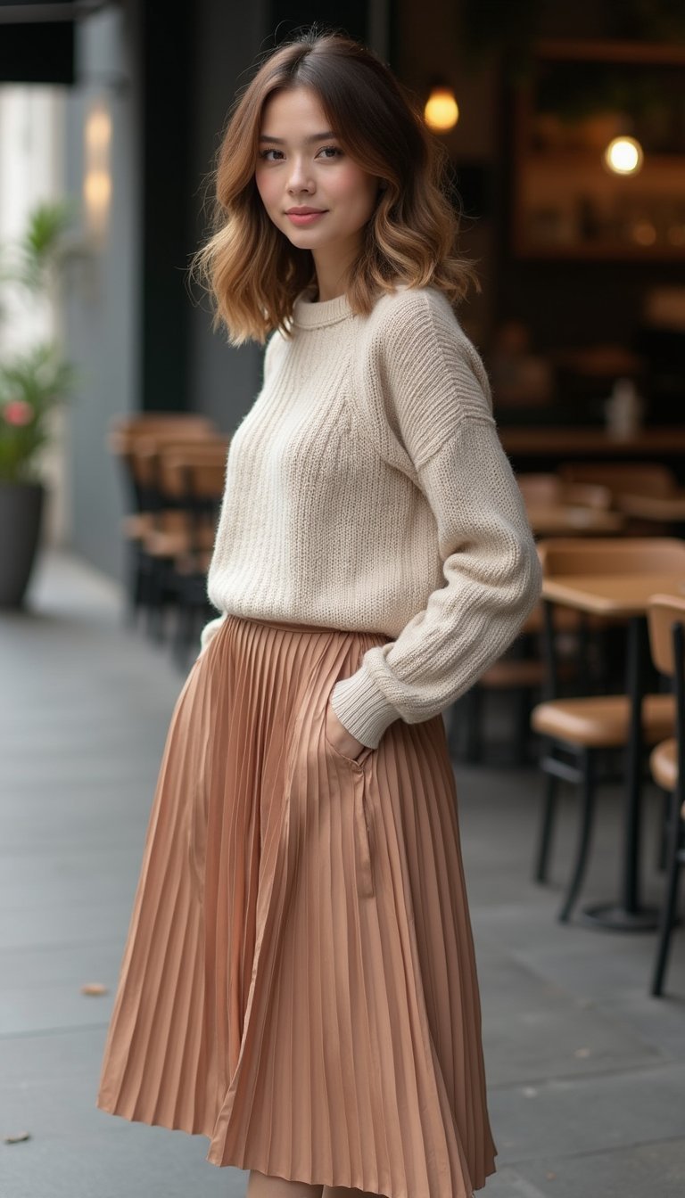 Falda Midi Plisada Con Jersey Fino Neutro