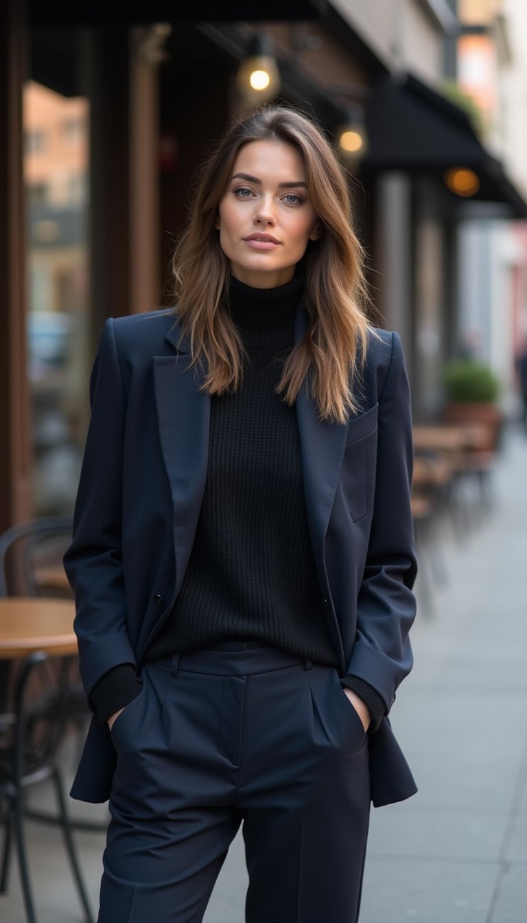 Azul Marino Monocromo Casual Con Blazer