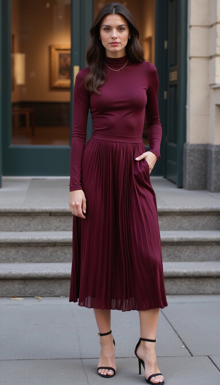 Monocromo Burdeos Con Falda Midi Elegante