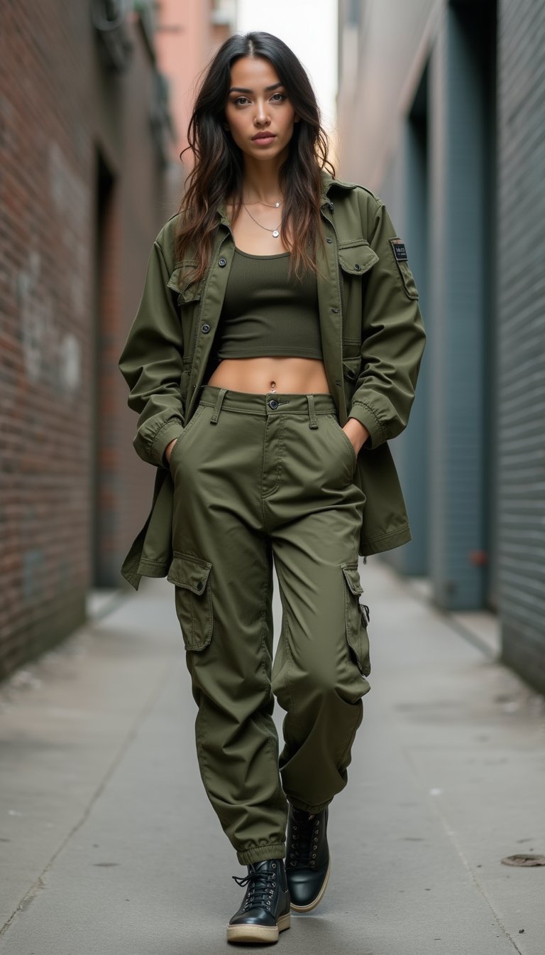 Verde Oliva Monocromo Con Pantalón Cargo Moderno