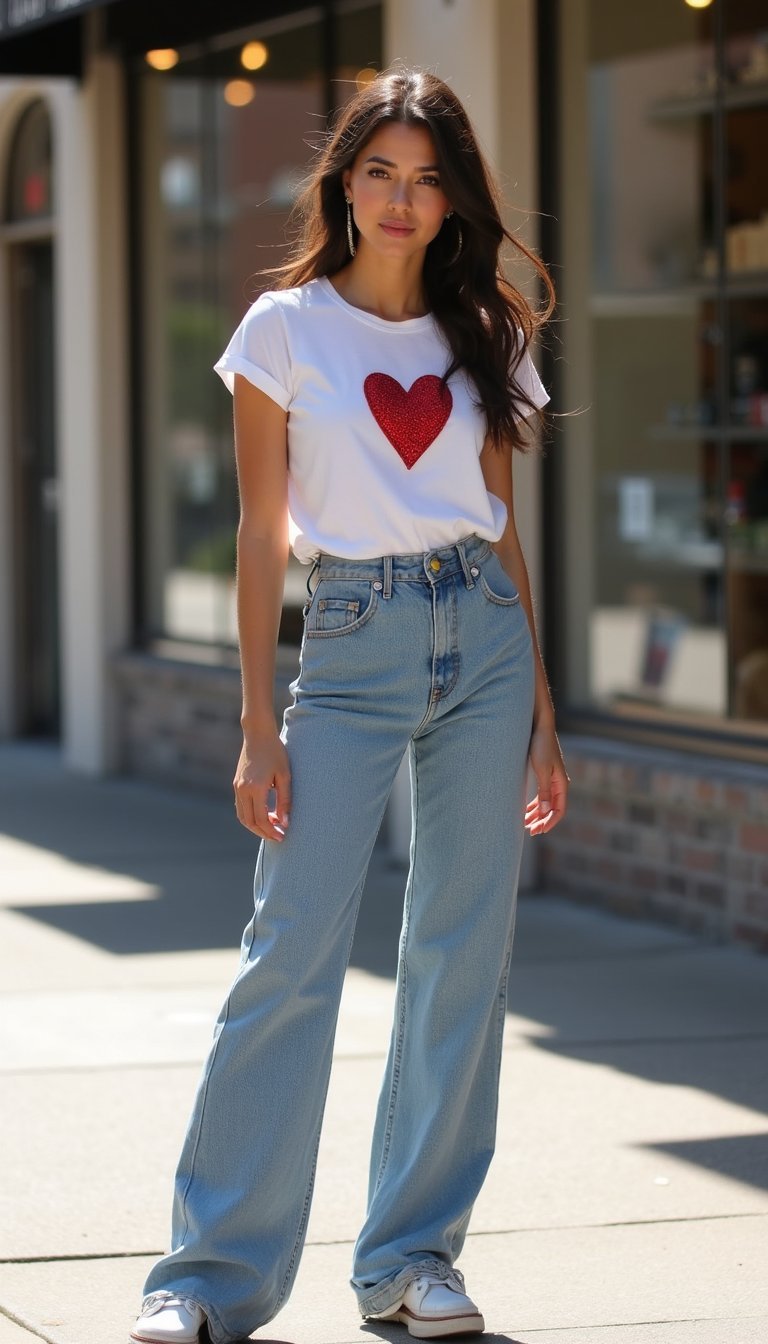 Heart-Appliqué Tee With High-Rise Jeans