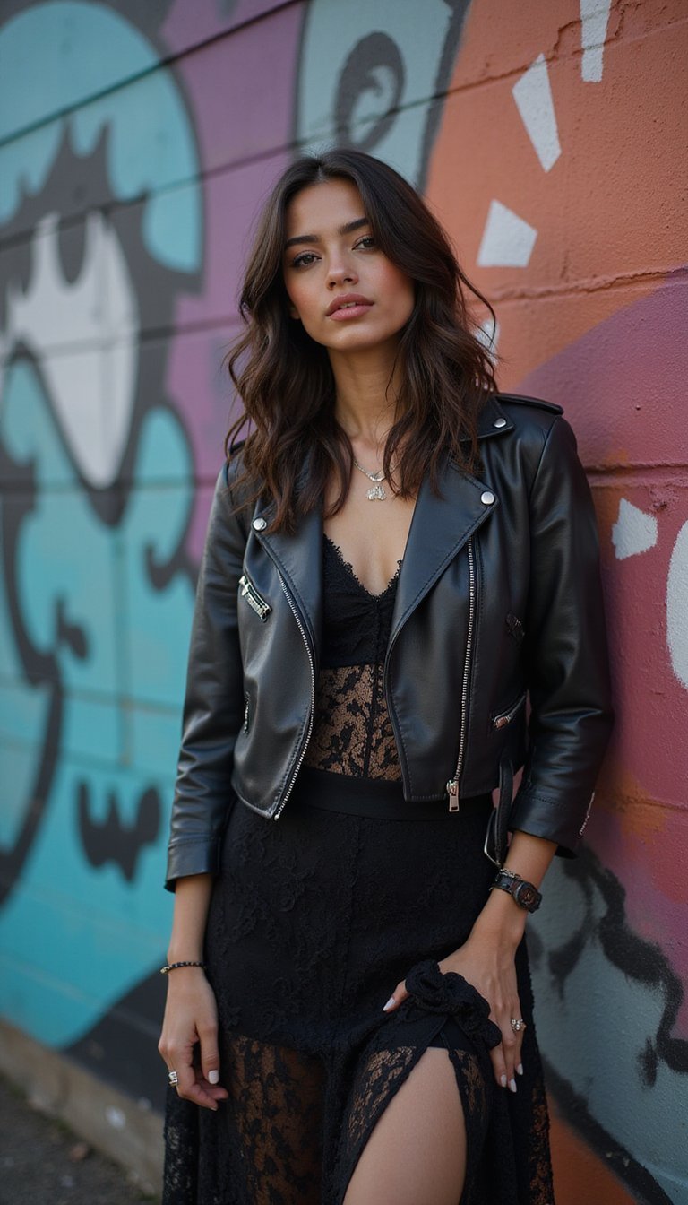 Leather Jacket Over Lace Midi For Edge