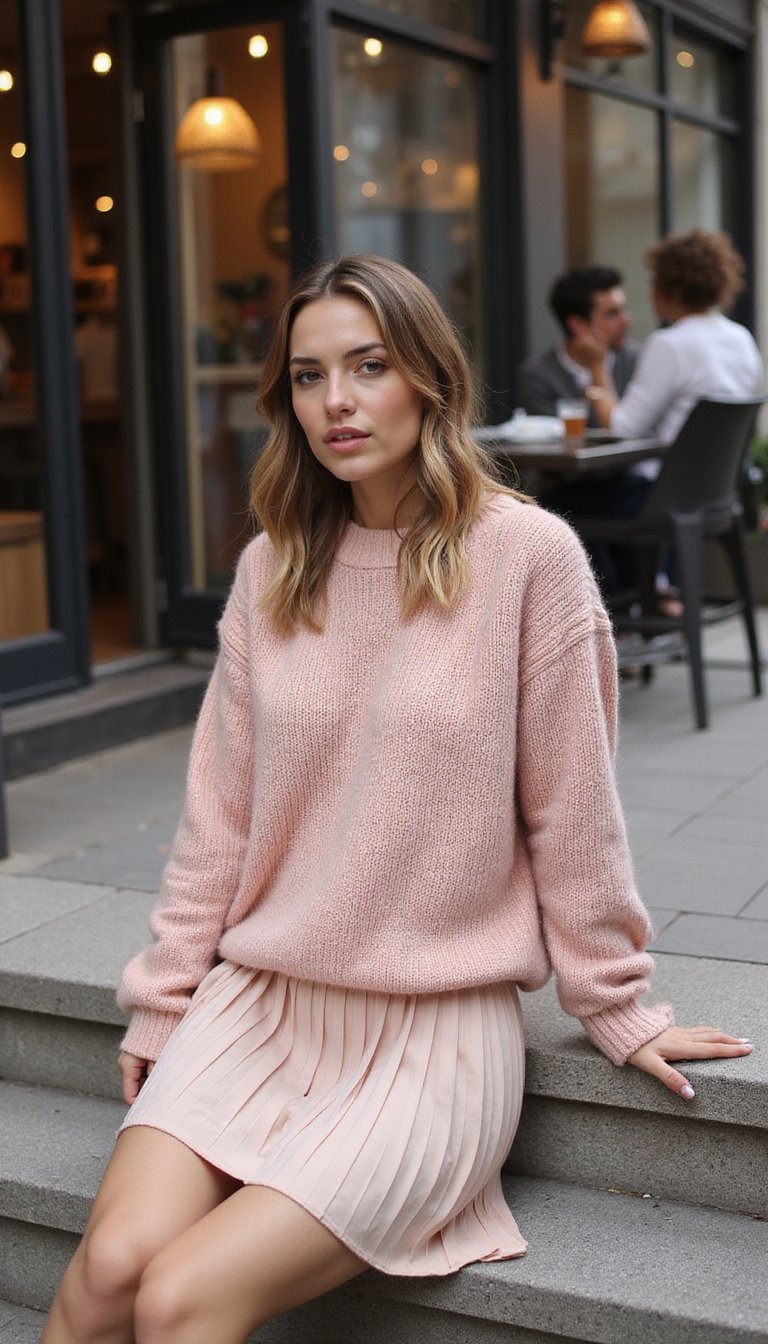 Oversized Sweater With Pleated Mini Skirt