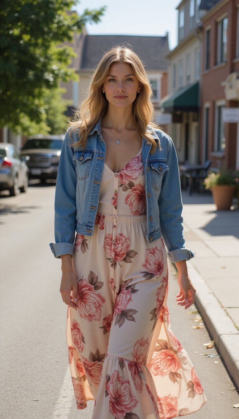 Rose-Print Slip Dress With Cropped Denim Jacket