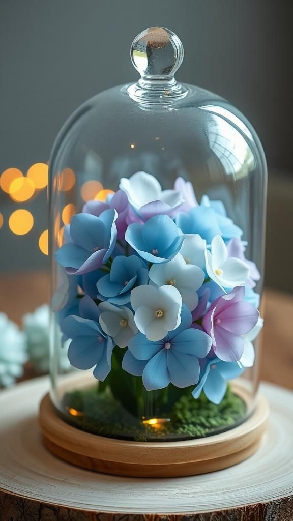 Fairy-Lit Paper Hydrangea Dome On A Wooden Base
