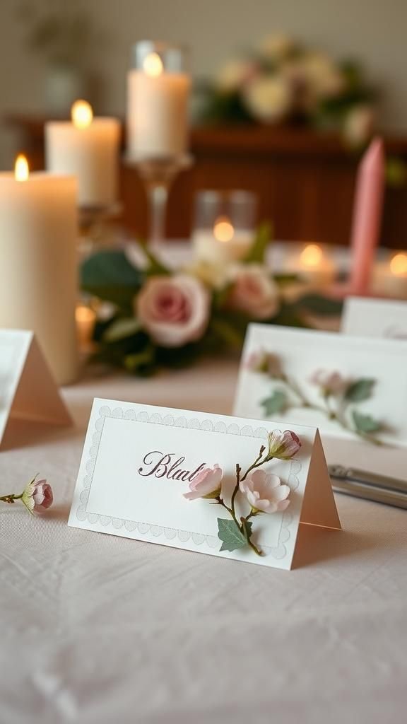 Letterpress-Style Paper Flower Place Cards With Petite Blooms And Vellum
