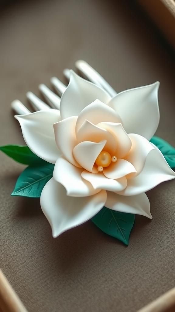 Paper Camellia Hair Comb Keepsake With Pearl Accents And Leaves