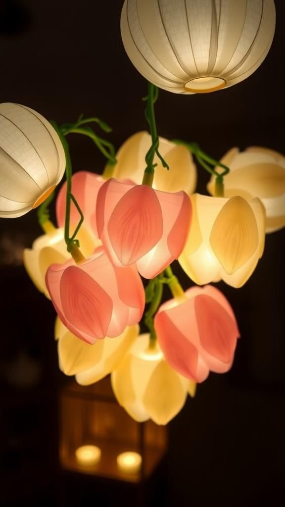 Paper Tulip Lantern Cluster With Soft Glow And Vines