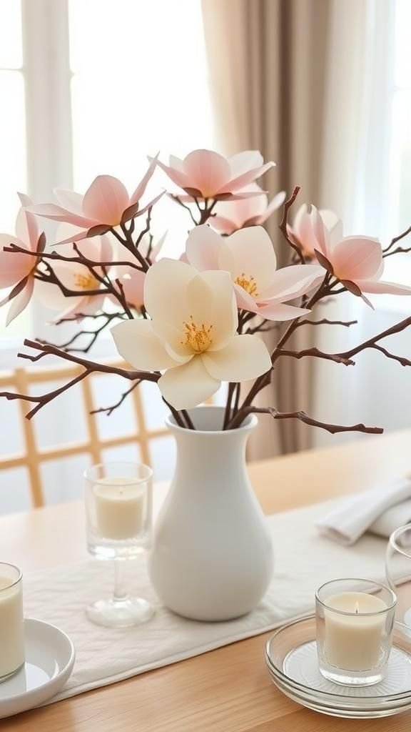 Pastel Magnolia Branch Centerpiece In A Porcelain Vase