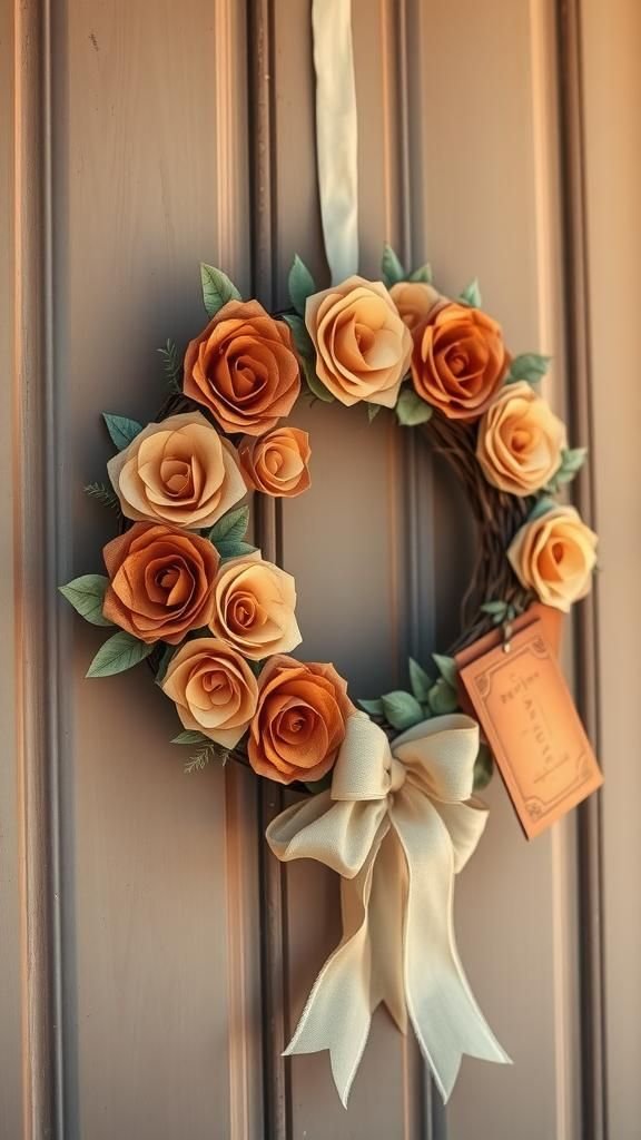 Tea-Stained Paper Rose Wreath For Cottage Romance Doorways
