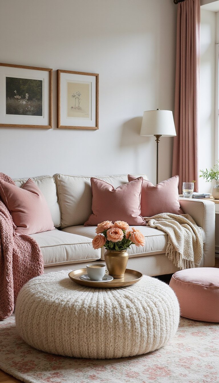 Cozy Living Room Galentine Brunch Setup With Throws