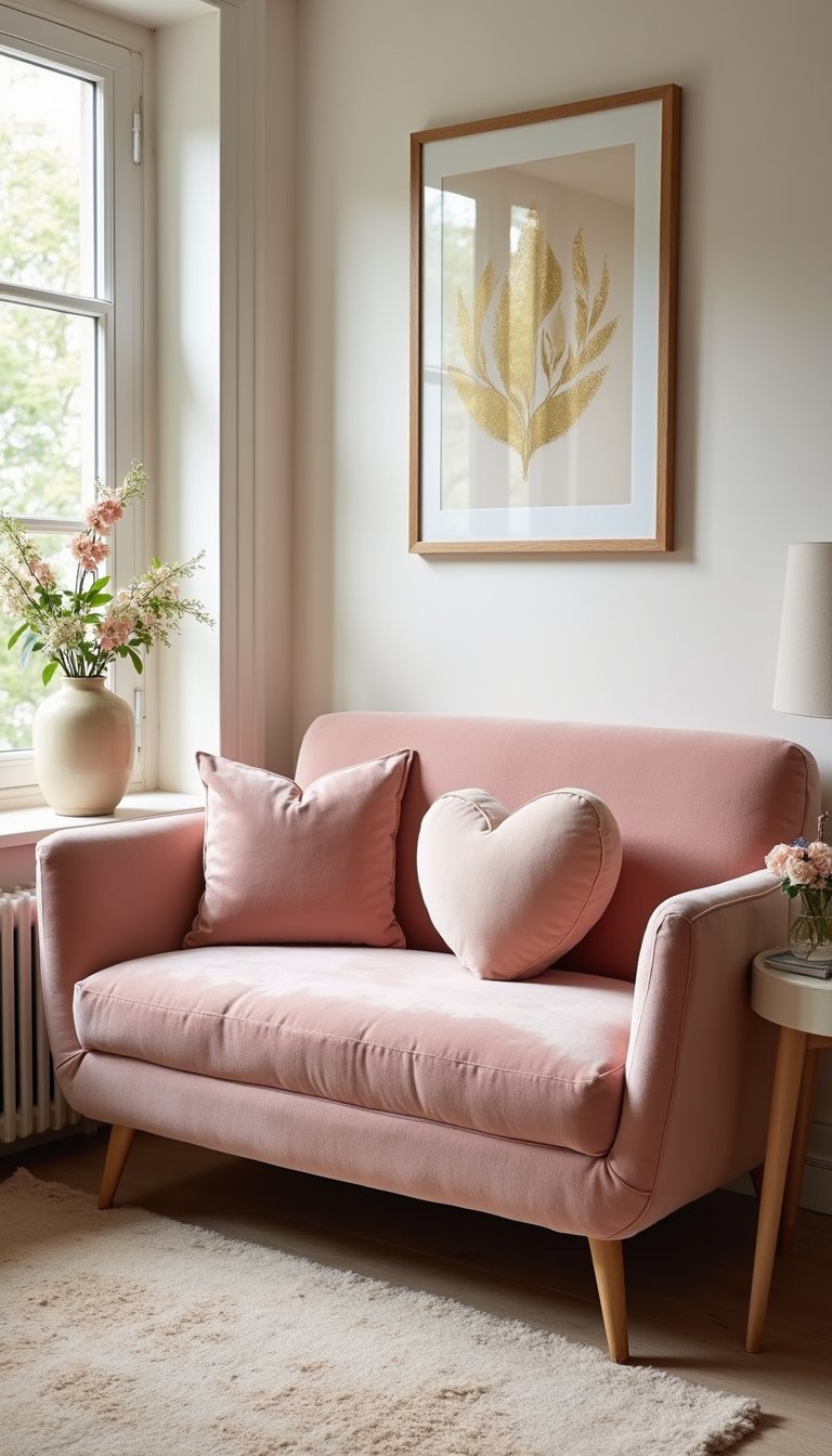 Velvet Seating Corner With Heart Throw Pillows