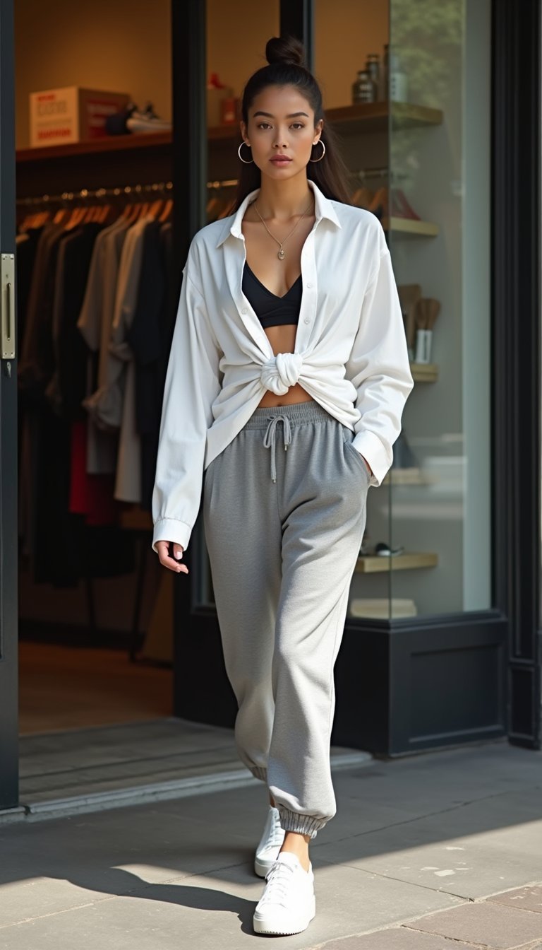 Chemise Oversize Nouée Sur Brassière Et Joggers