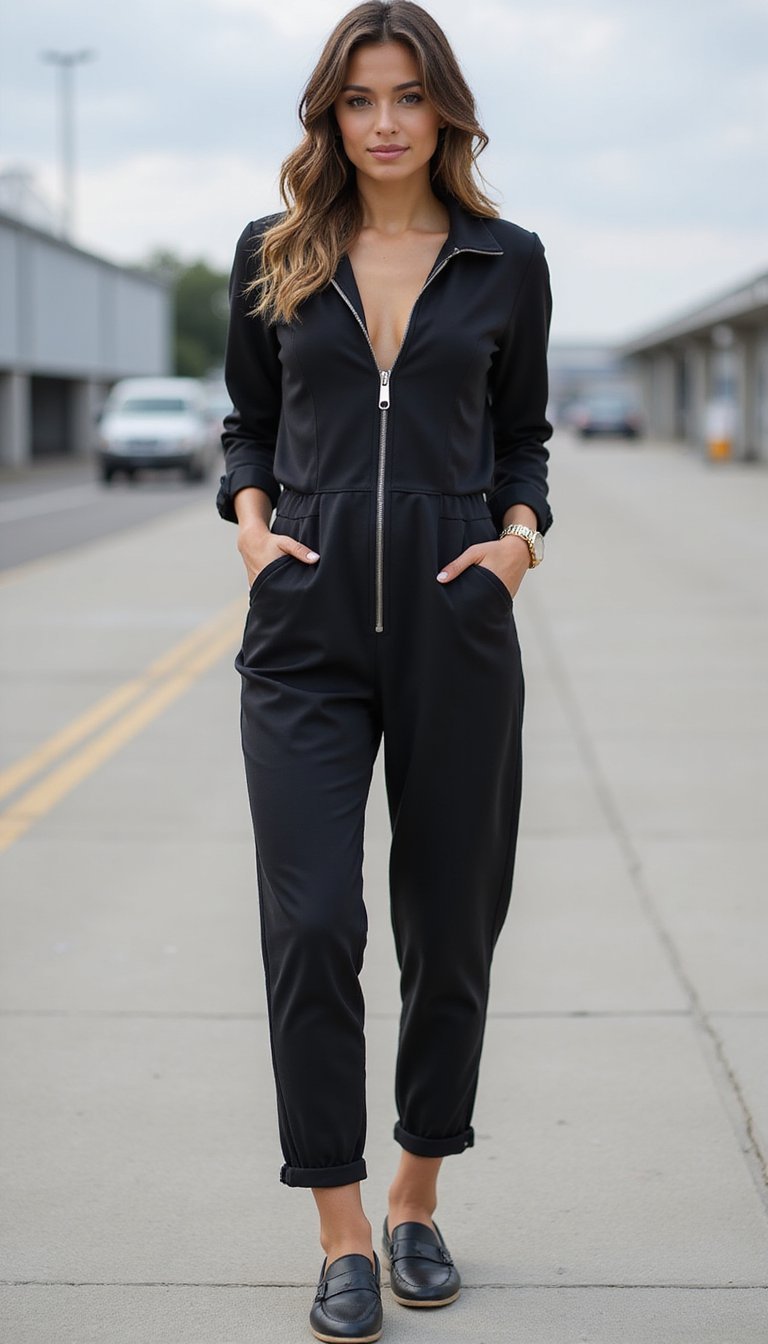 Combinaison Zippée Ajustée Et Mocassins Sportifs