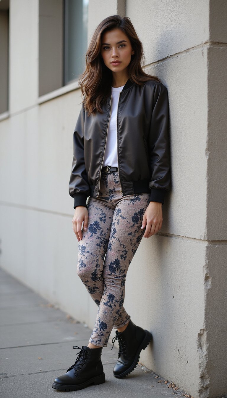 Court Blouson Bomber Satiné Et Legging Graphique