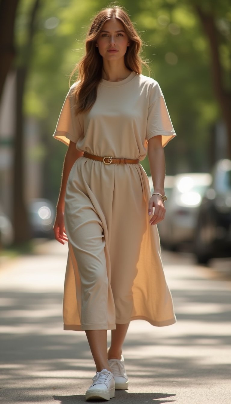 Robe T-shirt Athleisure Ceinturée Et Sneakers Blanches