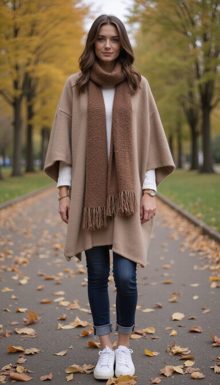 Capes Et Écharpes Avec Baskets Blanches Confortables